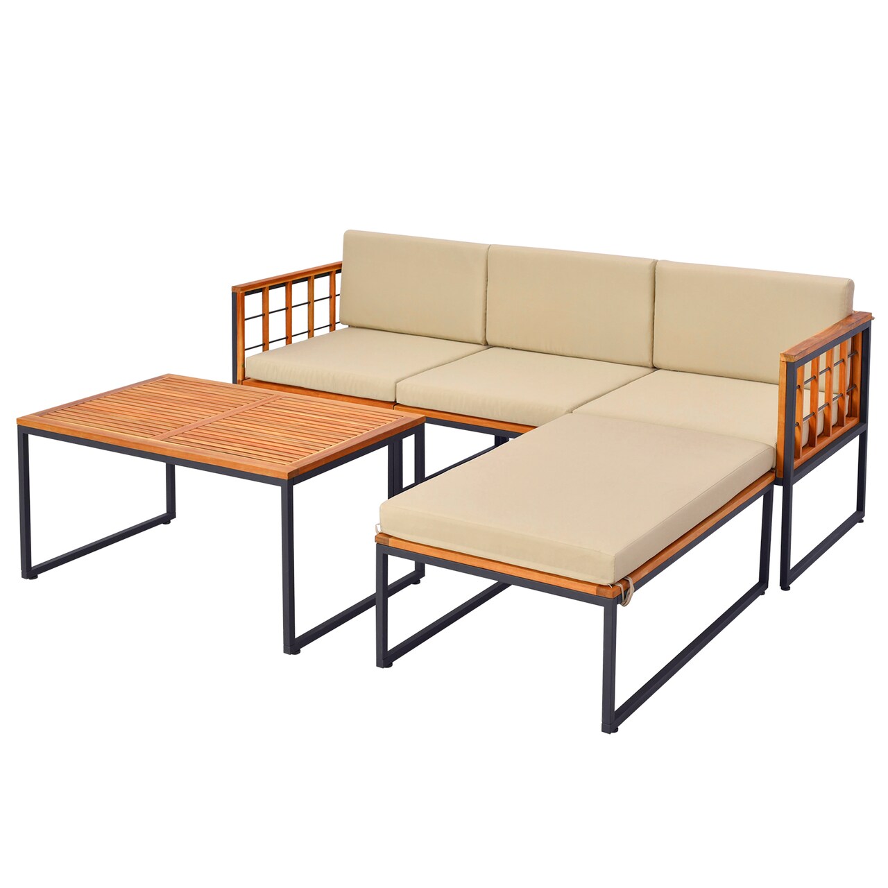 5 Piece Patio Furniture Set Acacia Wood Metal Outdoor Sofa Set Coffee Table Ottoman